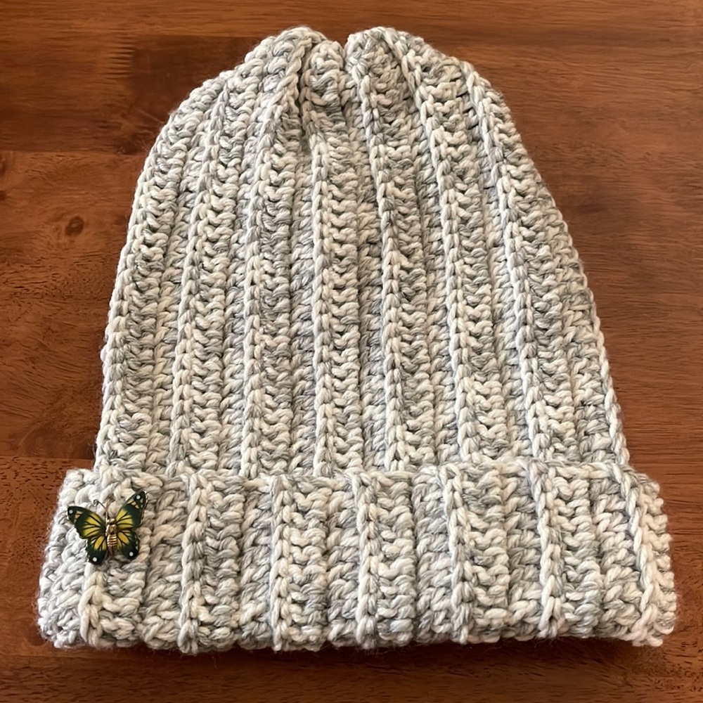 Handmade Gray Slouchy Hat w/ Butterfly Pin